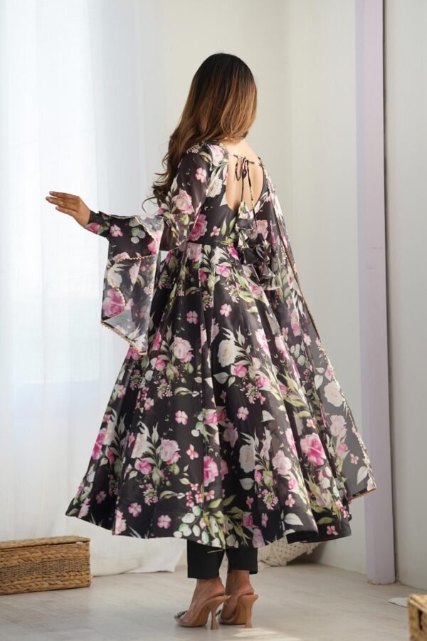 KB-274BLACK_3.jpg Black Organza Silk Floral Print Anarkali Suit Set