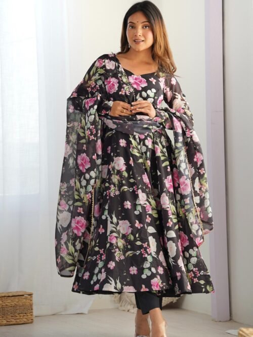 KB-274BLACK_4.jpg Black Organza Silk Floral Print Anarkali Suit Set