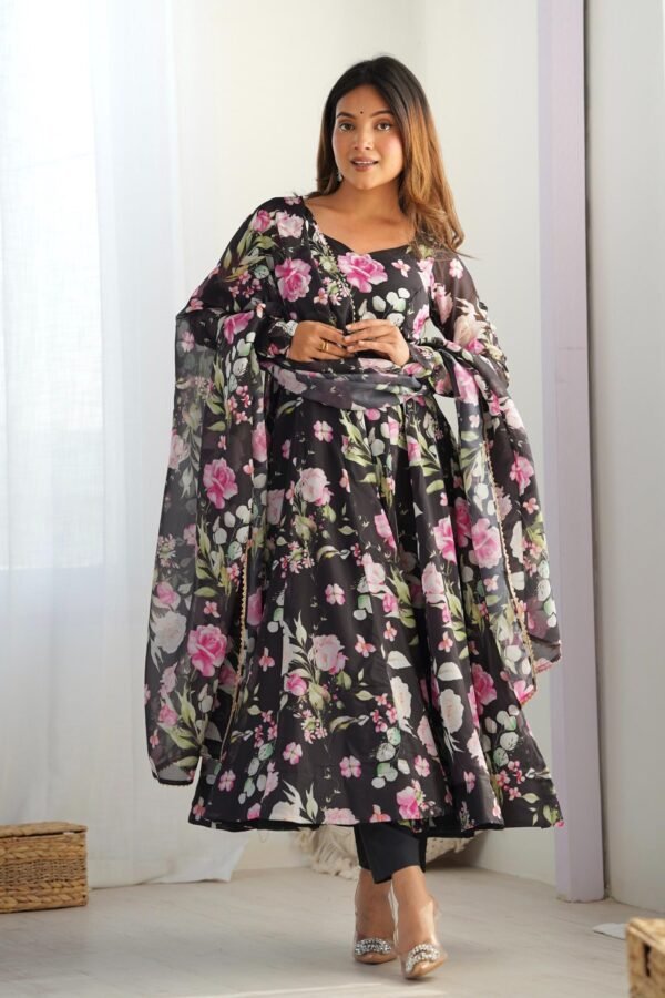KB-274BLACK_4.jpg Black Organza Silk Floral Print Anarkali Suit Set