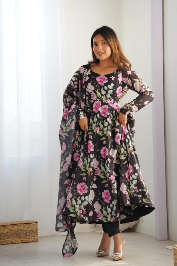 KB-274BLACK_5.jpg Black Organza Silk Floral Print Anarkali Suit Set
