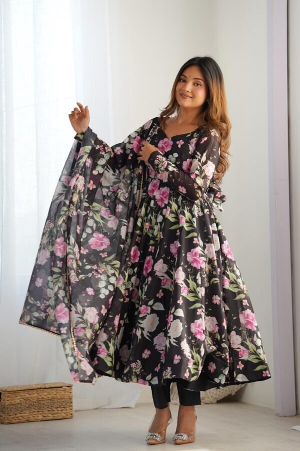 KB-274BLACK_6.jpg Black Organza Silk Floral Print Anarkali Suit Set