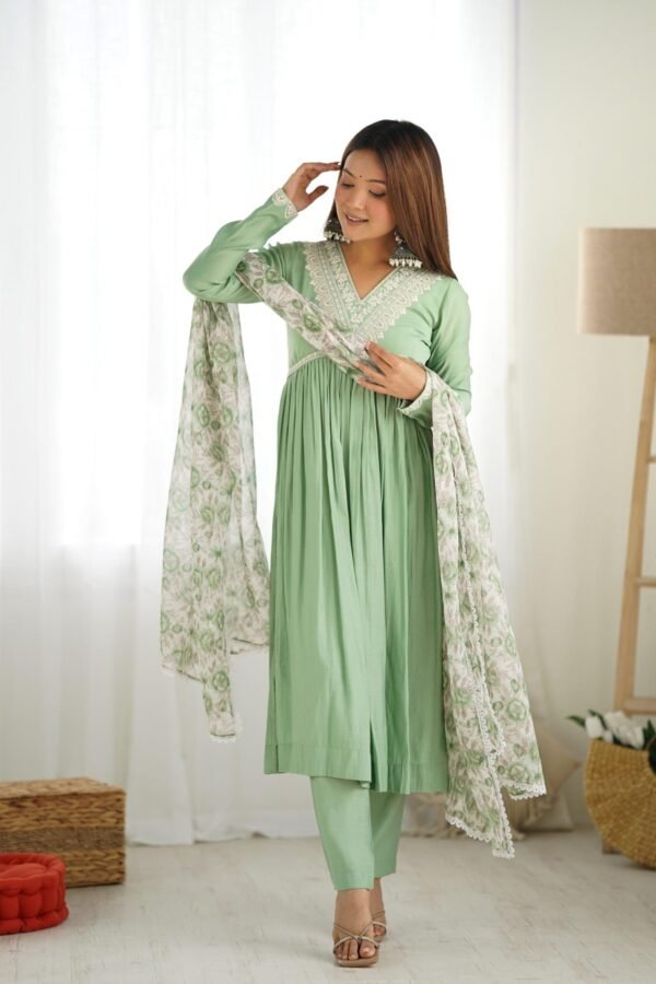 KB-275PISTA_6.jpg Pista Color Nyra Cut Kurta Suit with Floral Tabby Organza Dupatta