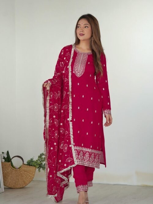 Rani Pink Straight Fit Kurta with Dupatta Set