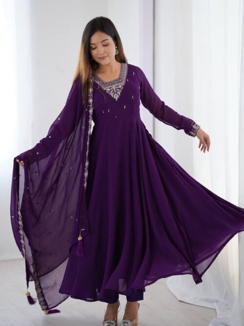 Purple Georgette Embroidered Anarkali Suit Set