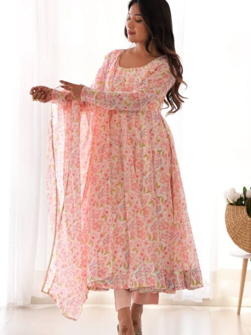 Pink Flower Printed Anarkali Suit Set