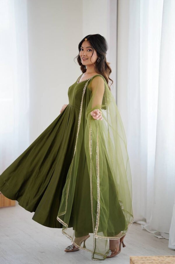 Mehndi Green Roman Silk Anarkali Suit Set