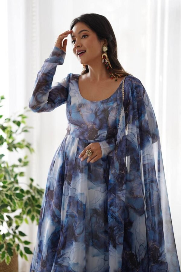 Navy Blue Organza Anarkali Gown with Marble Print