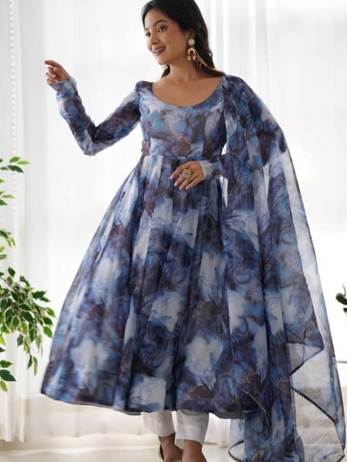 Navy Blue Organza Anarkali Gown with Marble Print