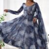 Navy Blue Organza Anarkali Gown with Marble Print