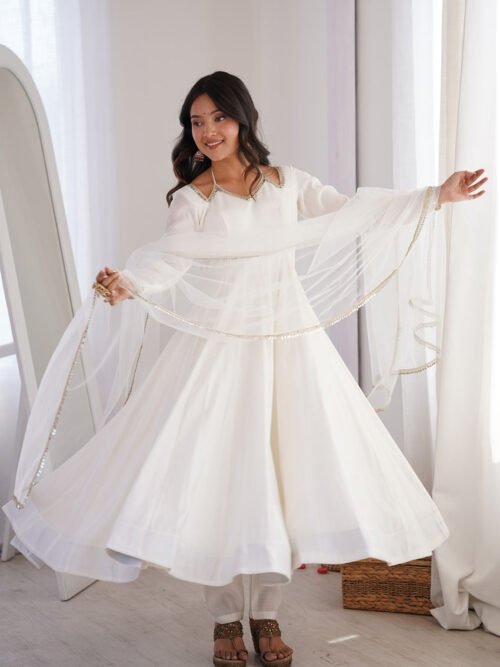 White Roman Silk Anarkali Suit Set