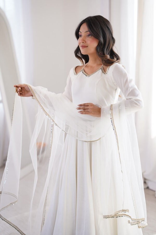 White Roman Silk Anarkali Suit Set