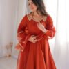 Rust Orange Roman Silk Chanderi Anarkali Suit with 4+ Meter Flair