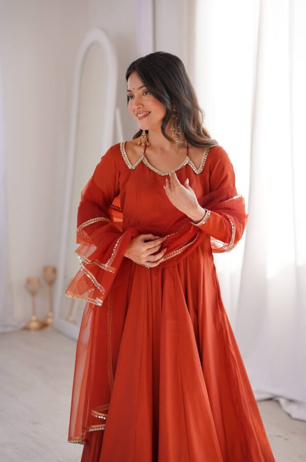 Rust Orange Roman Silk Chanderi Anarkali Suit with 4+ Meter Flair