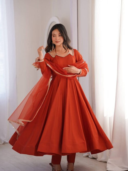 Rust Orange Roman Silk Chanderi Anarkali Suit with 4+ Meter Flair