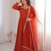 Rust Orange Roman Silk Chanderi Anarkali Suit with 4+ Meter Flair