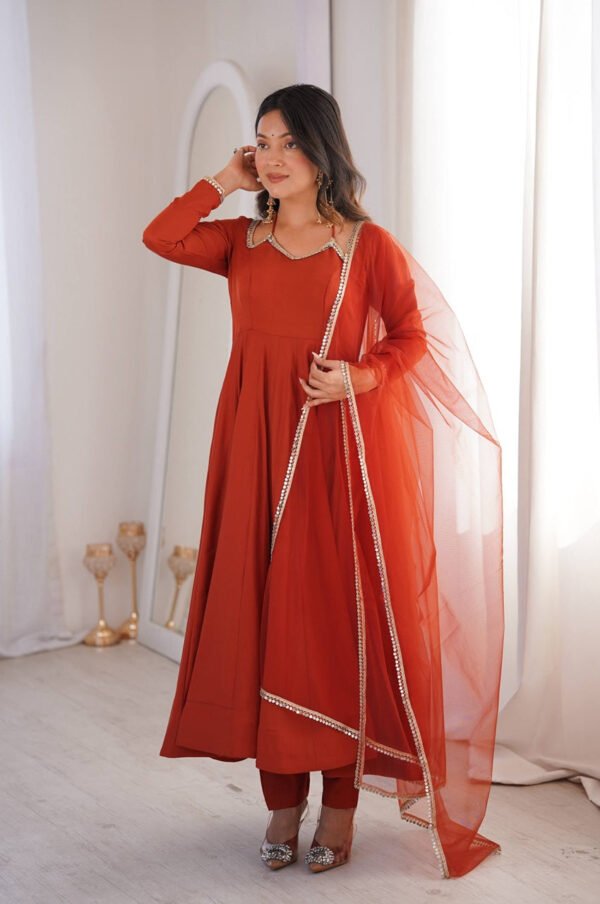 Rust Orange Roman Silk Chanderi Anarkali Suit with 4+ Meter Flair