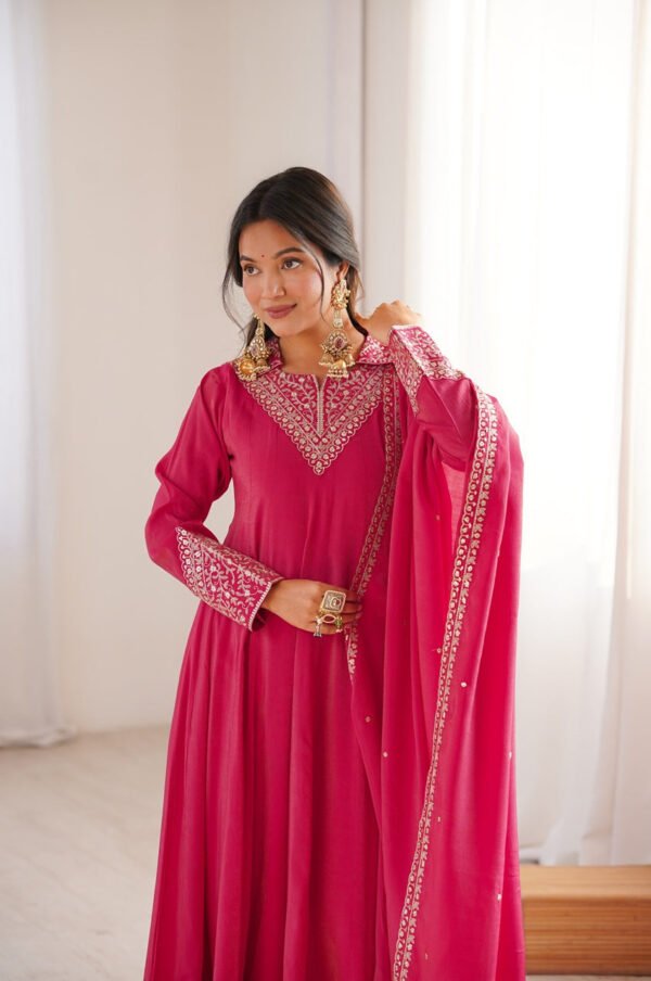 Rani Pink Roman Shimmer Silk Fully Flare Anarkali Set