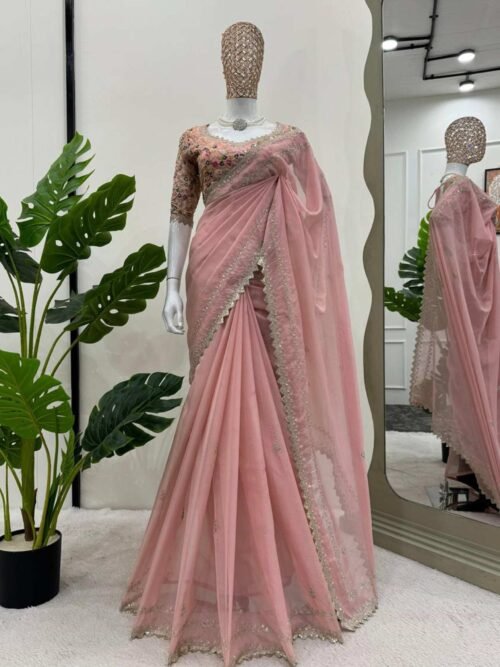 Pink Color Beautiful Designer Saree on Tibby Silk Fabric