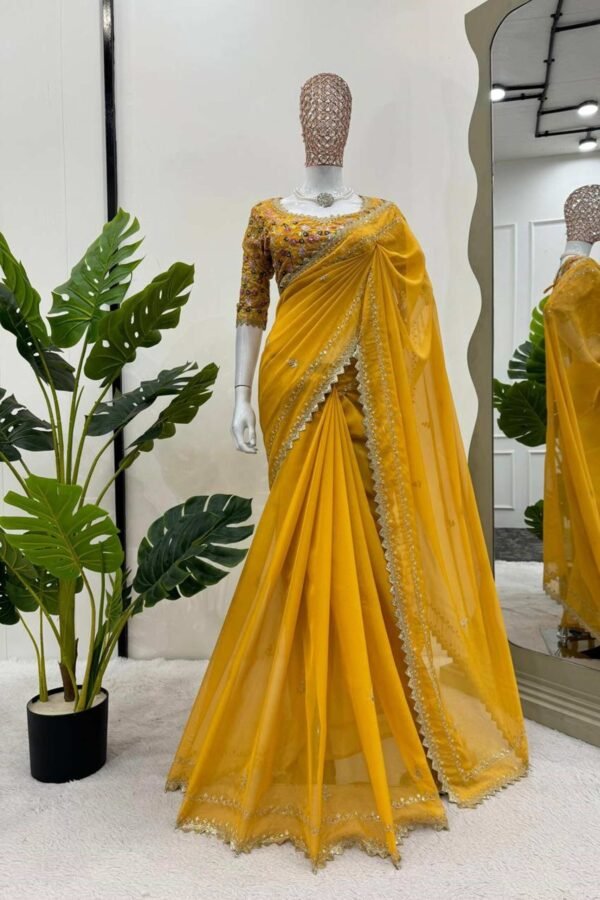 KD-497yellow_1.jpg Yellow Color Beautiful Designer Saree on Tibby Silk Fabric