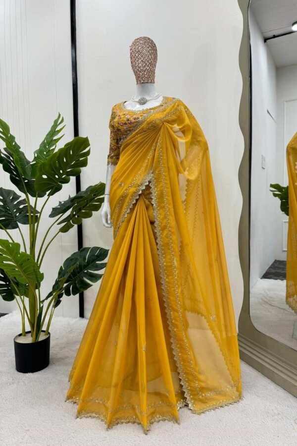 KD-497yellow_2.jpg Yellow Color Beautiful Designer Saree on Tibby Silk Fabric