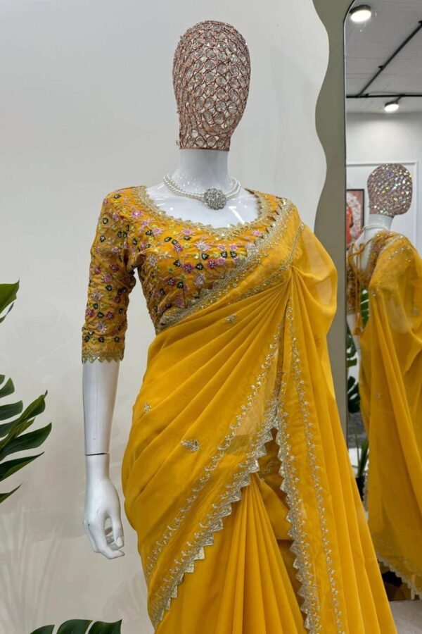 KD-497yellow_3.jpg Yellow Color Beautiful Designer Saree on Tibby Silk Fabric