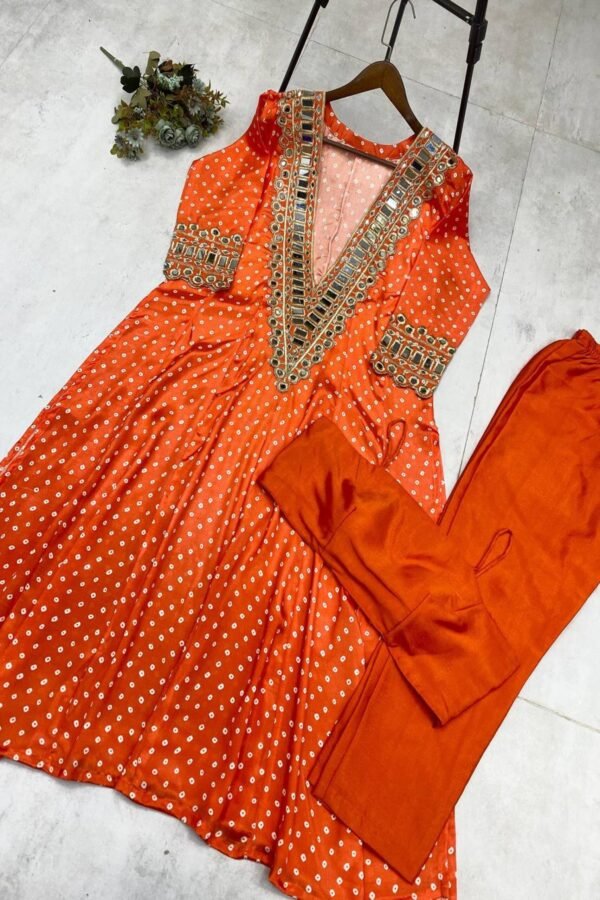 Orange Bandhani Print Mirror Work Cord Set
