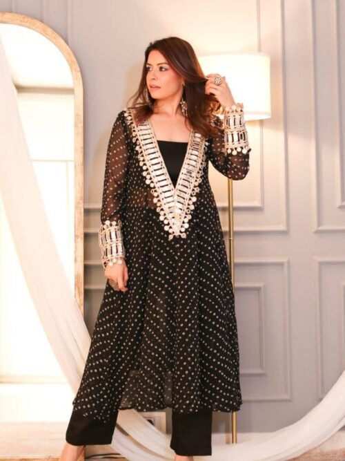 Black Bandhani Print Mirror Work Cord Set