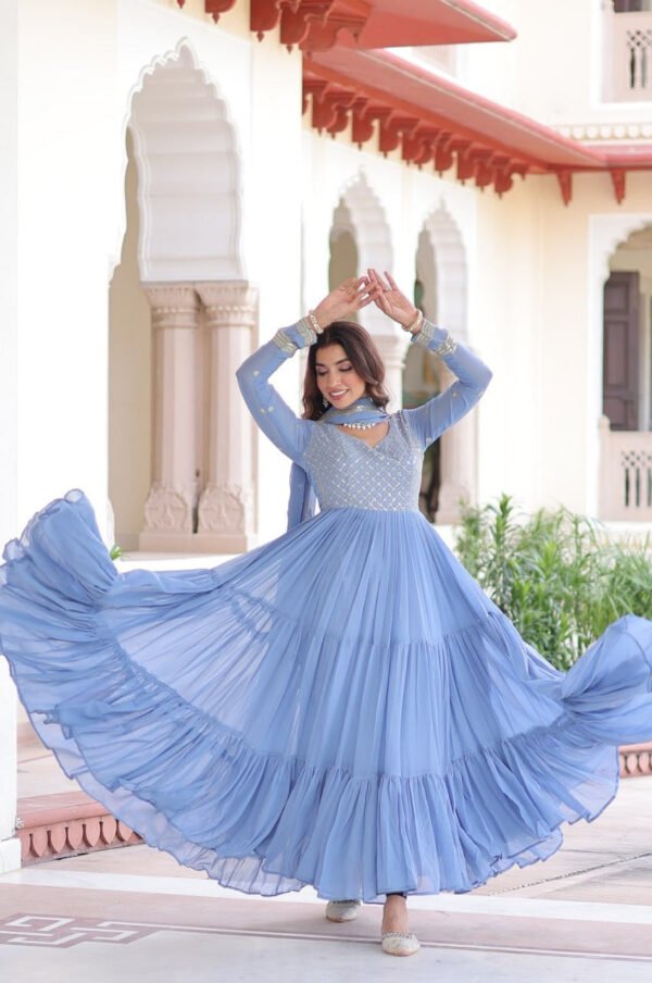 Vista Blue Georgette Designer Gown
