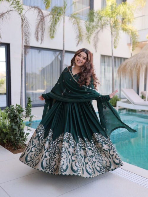 Rich Green Rangoli Silk Gown Set