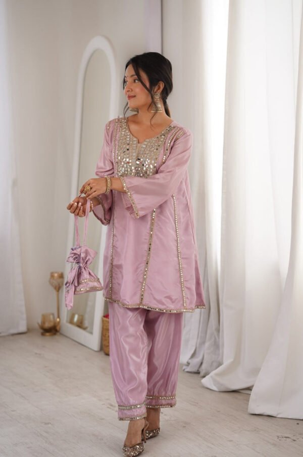 Premium Metallic Pink Real Mirror Work Suit Set in HO Fabric