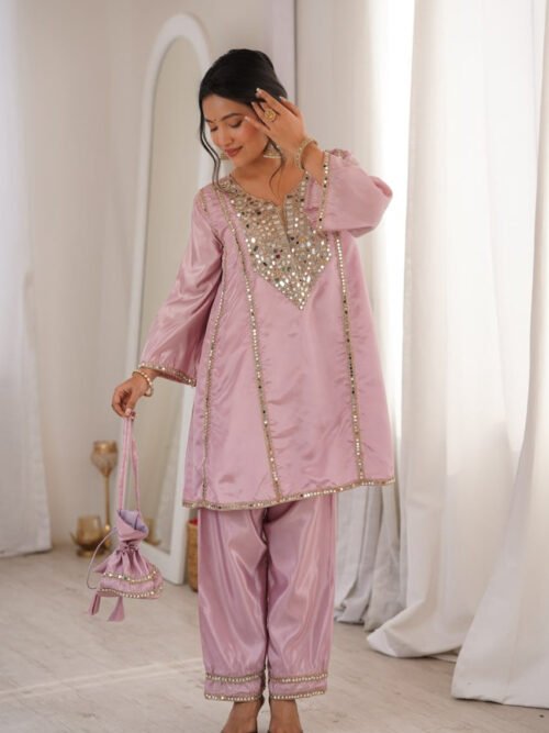 Premium Metallic Pink Real Mirror Work Suit Set in HO Fabric