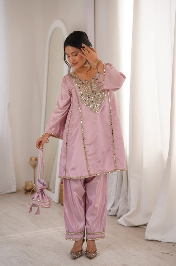 Premium Metallic Pink Real Mirror Work Suit Set in HO Fabric