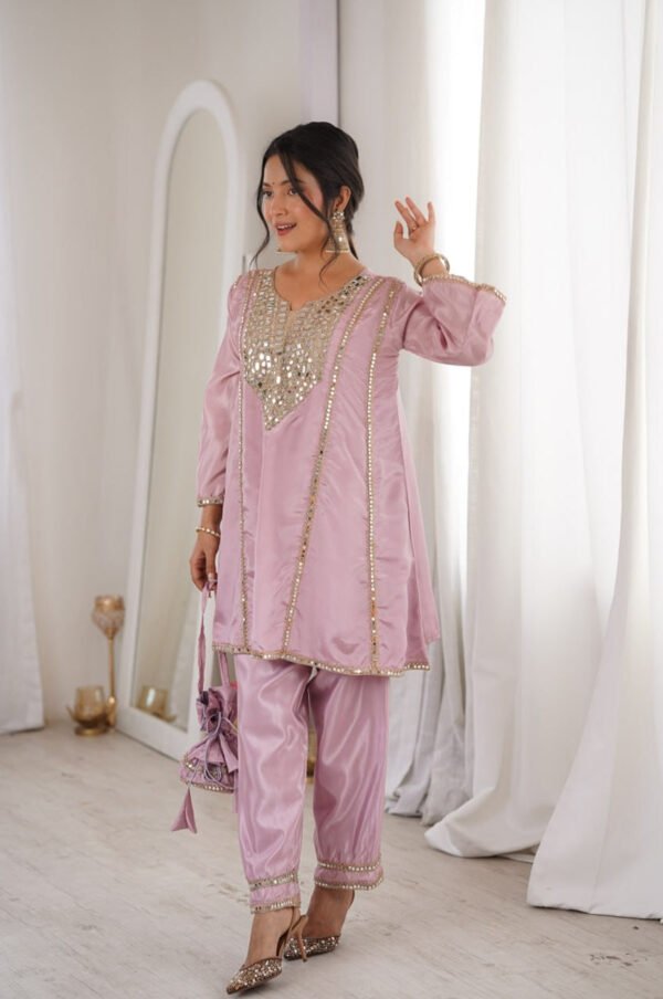 Premium Metallic Pink Real Mirror Work Suit Set in HO Fabric