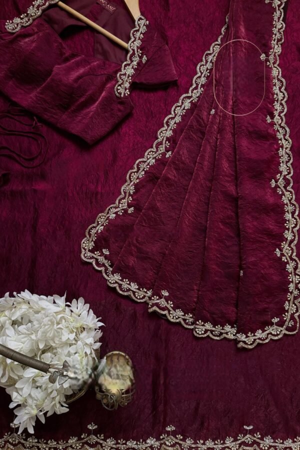 Elegant Wine Silk Saree with Katdana & Pearl Handwork