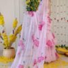 Light Pink Floral Print Georgette Ruffle Saree with Stitched Blouse