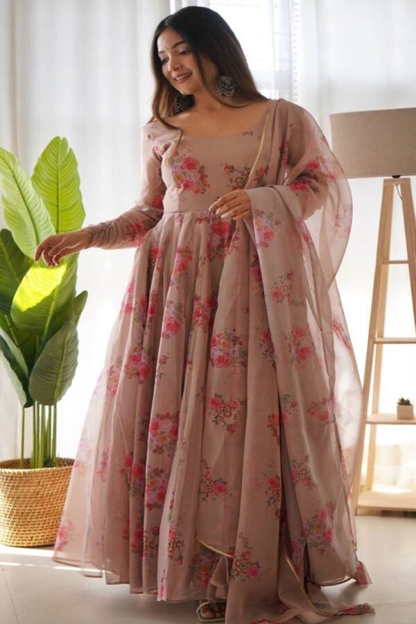 NKB-17_1.jpg Elegant Beige Tabby Organza Floral Print Gown with Dupatta