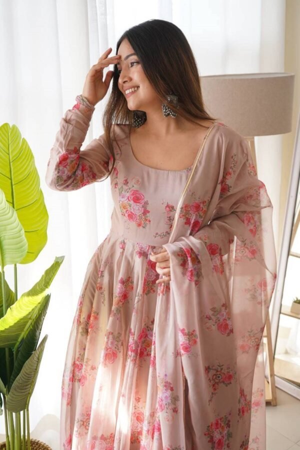 NKB-17_3.jpg Elegant Beige Tabby Organza Floral Print Gown with Dupatta