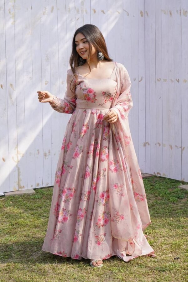 NKB-17_4.jpg Elegant Beige Tabby Organza Floral Print Gown with Dupatta