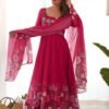 Rani Pink Flower Print Organza Silk Anarkali Suit Set