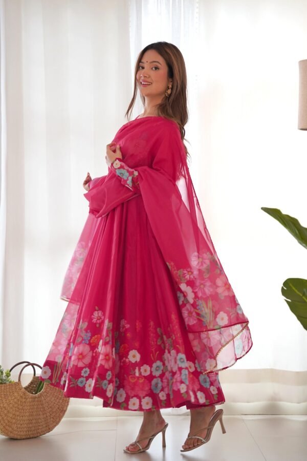 Rani Pink Flower Print Organza Silk Anarkali Suit Set