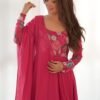 Rani Pink Flower Print Organza Silk Anarkali Suit Set