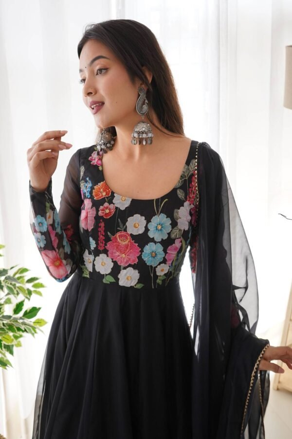 NKB-25BLACK_1.jpg Elegant Black Floral Print Anarkali with Zari Work and Dupatta - Ready-to-Wear