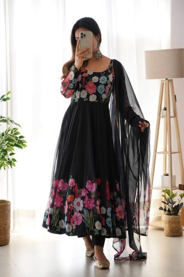NKB-25BLACK_3.jpg Elegant Black Floral Print Anarkali with Zari Work and Dupatta - Ready-to-Wear