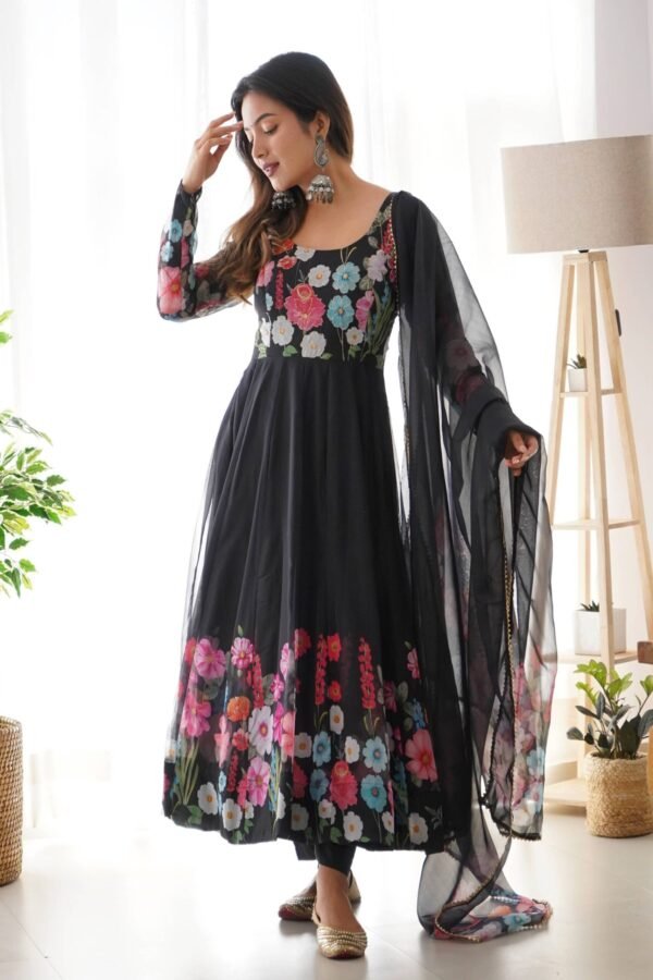 NKB-25BLACK_4.jpg Elegant Black Floral Print Anarkali with Zari Work and Dupatta - Ready-to-Wear