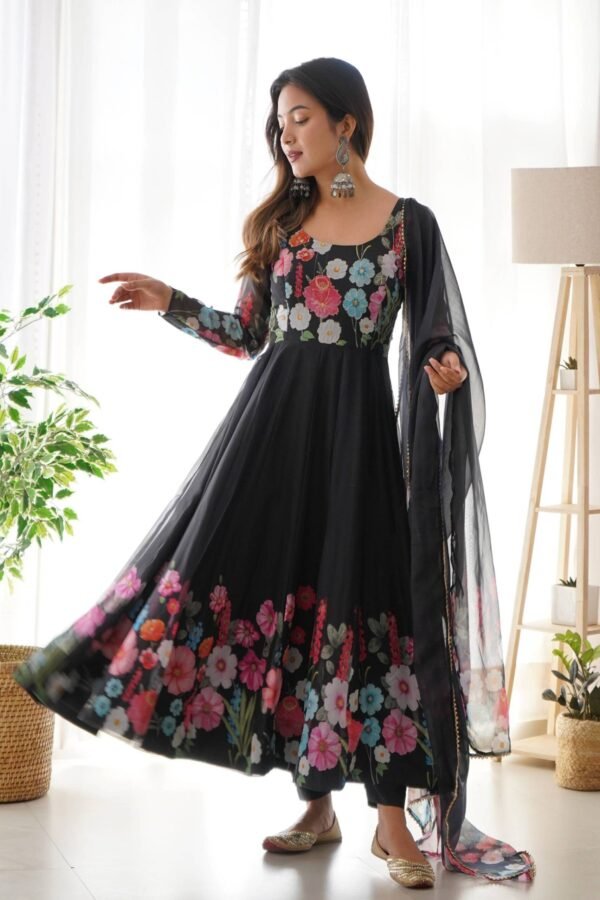 NKB-25BLACK_5.jpg Elegant Black Floral Print Anarkali with Zari Work and Dupatta - Ready-to-Wear