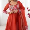 Rust Orange Floral Organza Silk Anarkali Suit Set