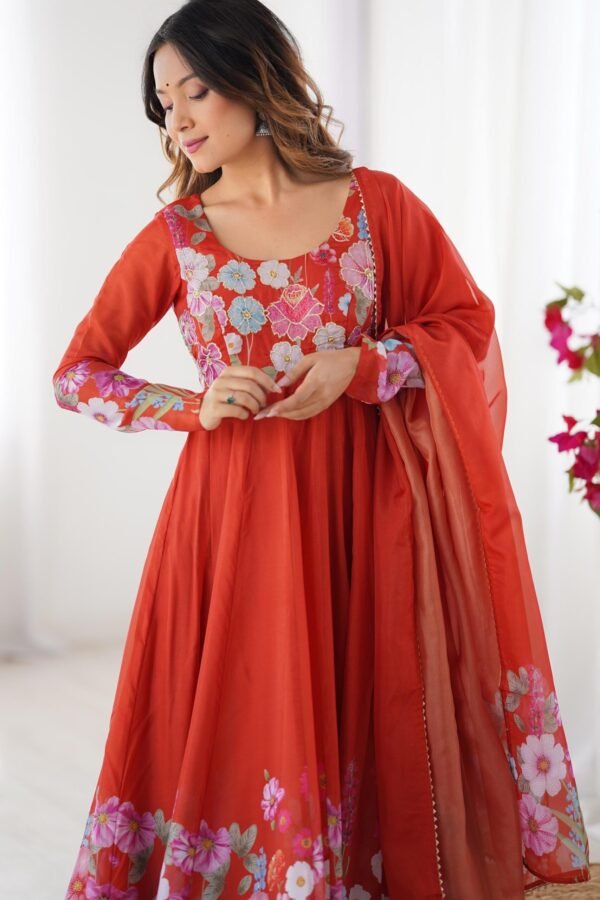 Rust Orange Floral Organza Silk Anarkali Suit Set