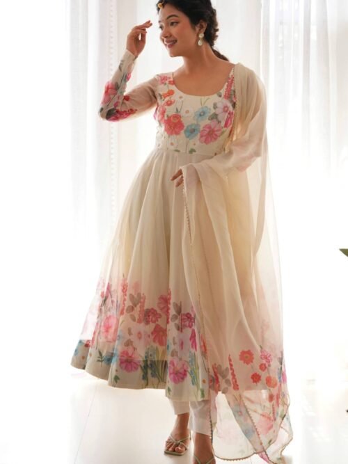 NKB-25WHITE_3.jpg Floral Elegance: Cream Color Flower Print Anarkali with Zari Work and Dupatta