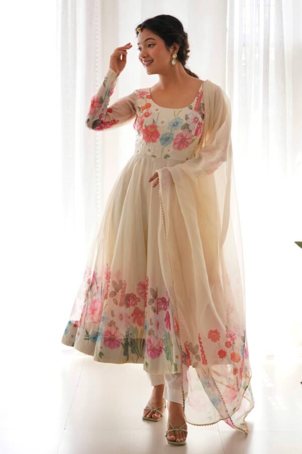 Floral Elegance: Cream Color Flower Print Anarkali with Zari Work and Dupatta