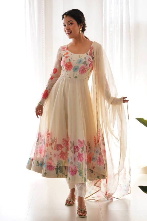 Floral Elegance: Cream Color Flower Print Anarkali with Zari Work and Dupatta